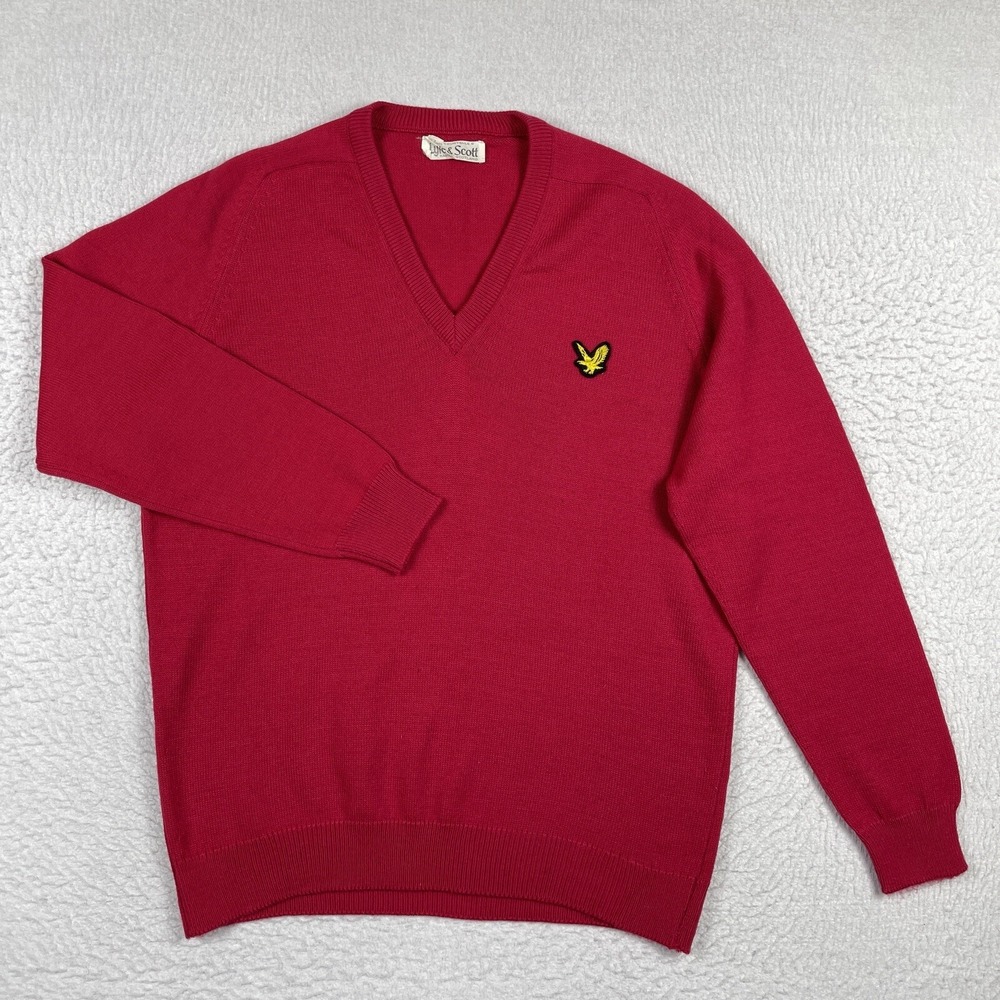 Lyle & Scott Sweater Womens Large Red V-Neck Vintage Scotland Pullover Logo